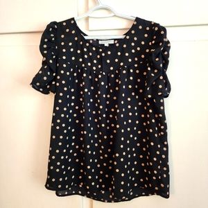 Blousology black tan polka dot short sleeve top blouse ruffled